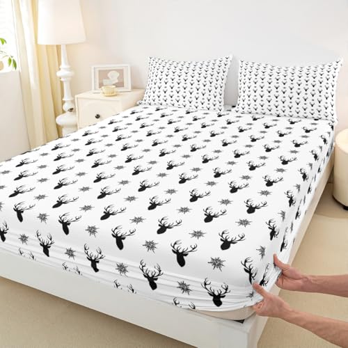 Deer Antlers Kids Fitted Sheet Twin Size,Snowflake Merry Christmas Xmas Bedding Set,Girls Boys Adults Room Decor,Rustic Farmhouse Bed Cover,Black White Chic Bed Sheet,1 Pillowcase