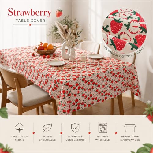 Image of R home Strawberry Print 56 x 90 Inch Table Cover for 6 Seater Dining Table | 100% Cotton Slub Fabric | Premium Digital Printed Rectangular Table Cloth | Soft, Durable, Washable & Reusable