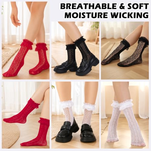 Image of Jspupifip 6 Pairs Lace Ruffle Frilly Crew Socks for Women Girls | Cotton Breathable Cute Princess Ankle Dress Lace Socks Thin Cool Casual Socks
