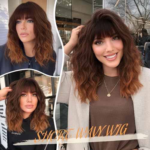 Image of AISI HAIR Synthetic Wavy Curly Bob Wig with Bangs Ombre Brown to Auburn Brown Wig Short Hair for Women Synthetic Heat Resistant Bob Wigs