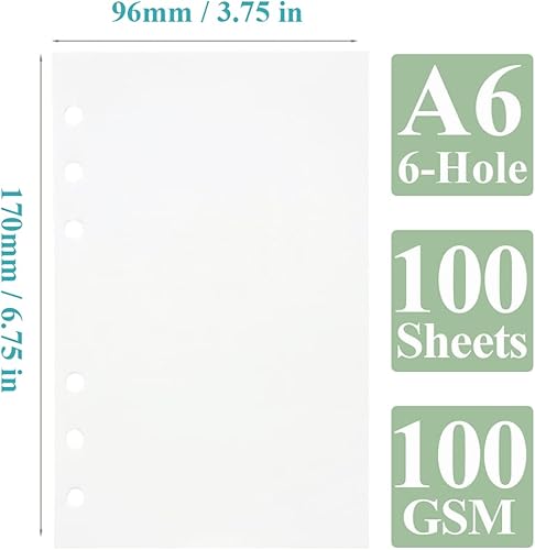 Miniatura 2 de Papel de repuesto A6 en blanco, 100 hojas200 páginas, hojas sueltas para carpetas personales Filofax, 6 agujeros perforados, páginas blancas en