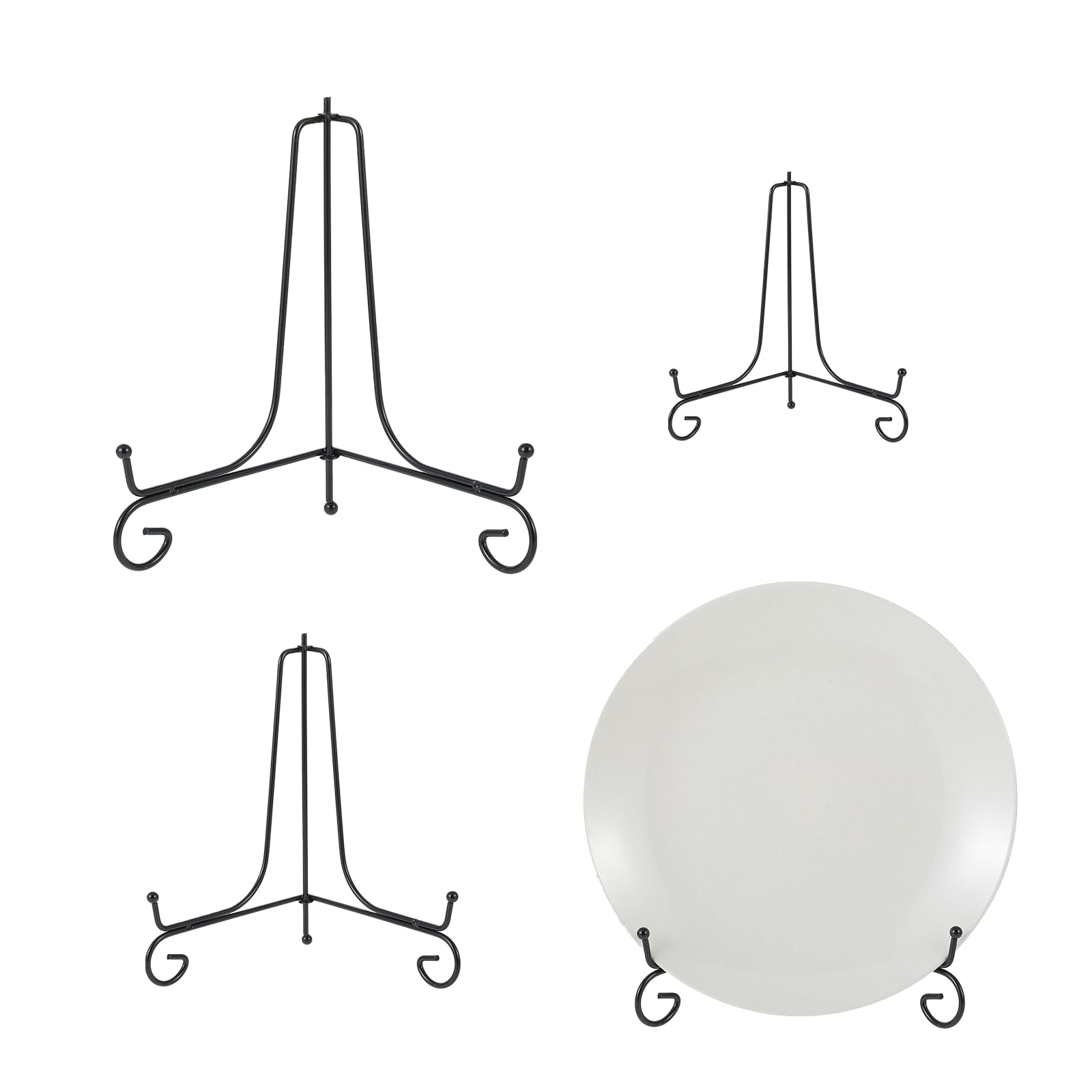 COMNICO 3 Stuks 3 Maat Opvouwbare Zwarte IJzeren Bordenstandaard voor het Tentoonstellen van 4 6 8 Inch Decoratieve Metalen Bordenhouders Mini Boeken Ezel Fotolijst Kaart Plaque Tafelkunst Bowl