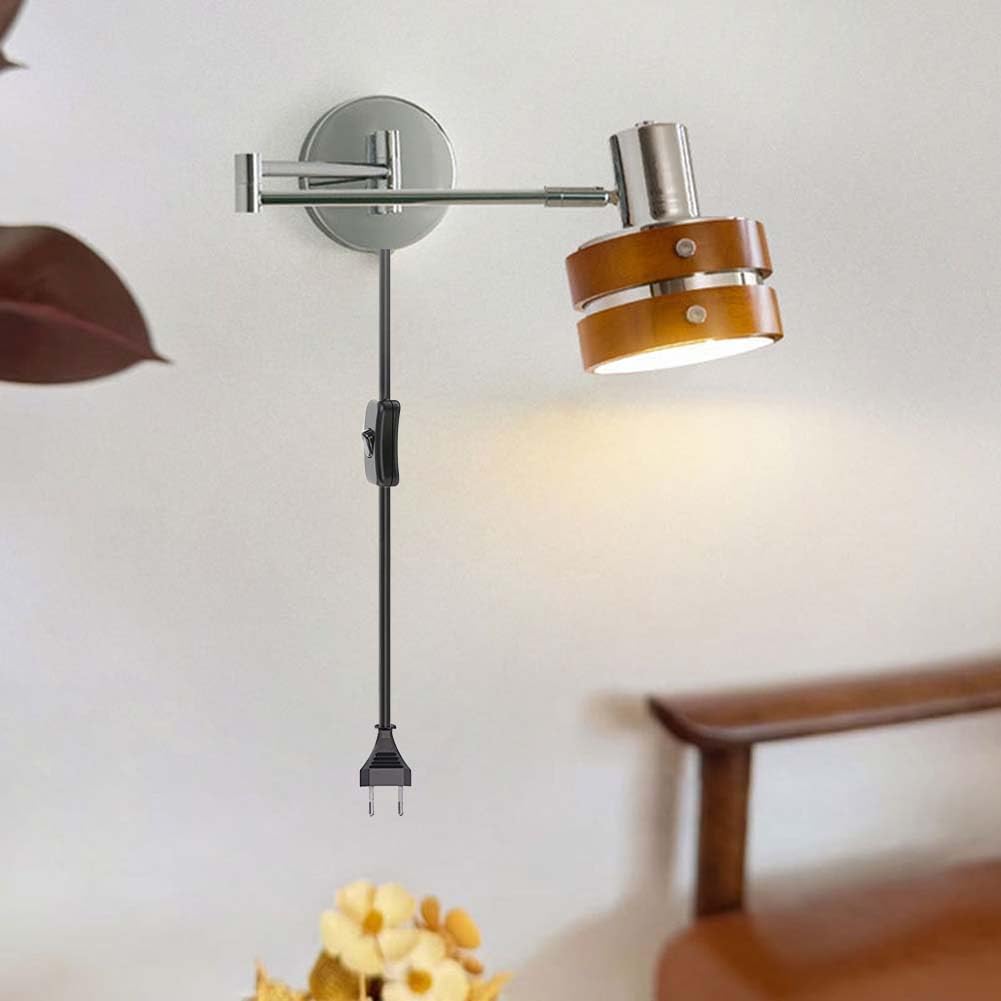 Holz Vintage Wandleuchte Schwenkarm Innen Wandlampe Verstellbar Lange Arm Wandleuchten mit Stecker und Kabel Schalter Wand Leseleuchte Faltbar Drehbarelampe für Wohnzimmer Schlafzimmer