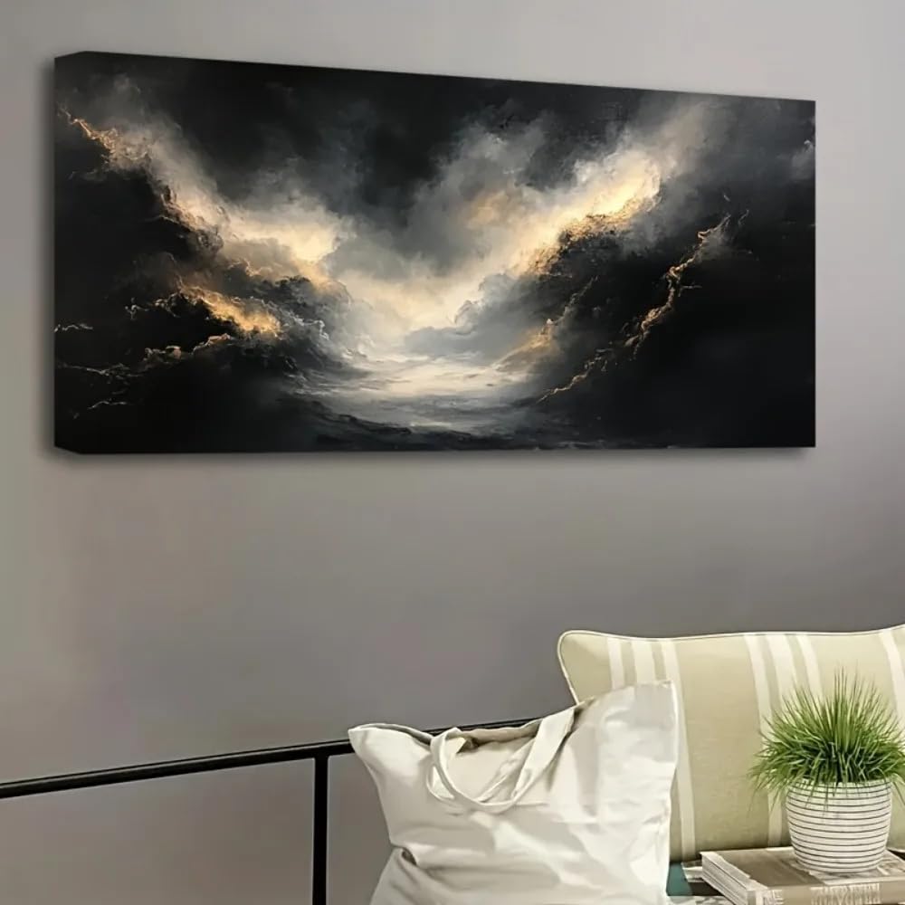 GOSRD Canvas Painting Art Print Wall Abstract Black Gold Modern Oil, Interior Decoration Pictures Office Home(55X110cm/Frameless)