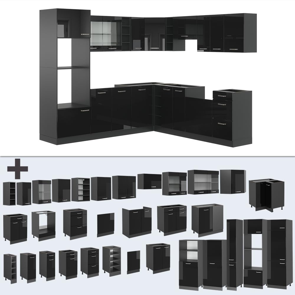 Vicco Cocina esquinera R-Line, Negro Brillo Intenso, 247 x 60 cm, ET Mármol, para planificación de Cocina Variable y ampliación Modular