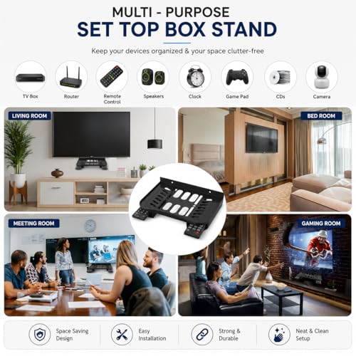 Image of Set Top Box Stand Wall Mount Shelf for WiFi Router, DTH Setup Box Holder, Remote Organizer Rack, Plastic Wall Shelf for TV Accessories, Router, CCTV DVR & Gaming Accessories (Black)