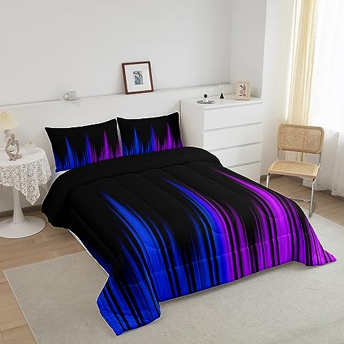 Image of Feelyou Ombre Comforter Full, Ombre Striped Comforter Blue Purple and Black Comforter Set for Kids Boys Girls Geometrics Lines Duvet Set with 2 Pillow Case