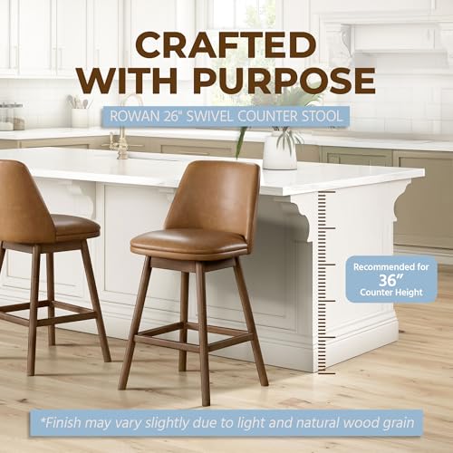 Image of ROME + OAK Set of 2 Rowan 26 Inch Swivel Counter Height Stool in Walnut Finish with Brown Vegan Leather Upholstery Seat - Kitchen or Dining Room Furniture