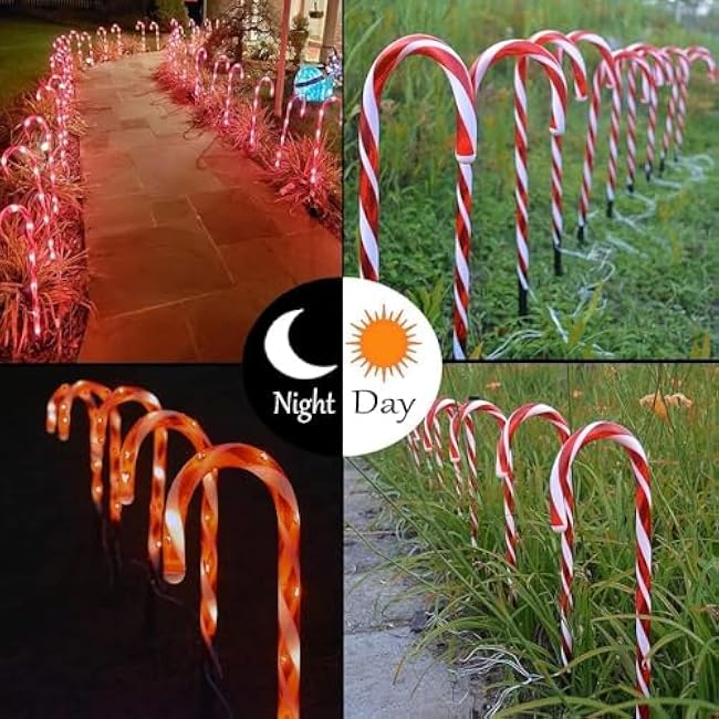 Candy Cane Outdoor Landscape Lights - 10 Pack 60 Red LEDs 21in Lighted Christmas Path Lights String with Memory Function 8 Flashing Modes End-to-End Plug in Waterproof Outside Candy Xmas Decorations
