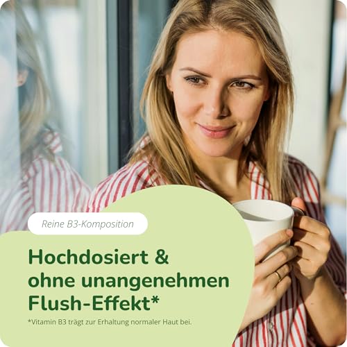 Vitamin B3 Niacin | Hochdosiert: 500 mg Nicotinamid | 180 Kapseln - 6 Monatsvorrat | Haut - Nerven - Energie* | Flushfree | Laborgeprüft | Vegan - Ohne Zusatzstoffe | Deutsche Produktion von Vegavero