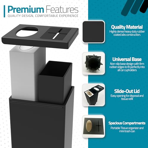 Image of Superior Essentials Car Tissue Holder with Car Garbage Can - Elegant 2 in 1 Car Tissue Box Holder and Mini Trash Can for Car Cup Holder (Black)