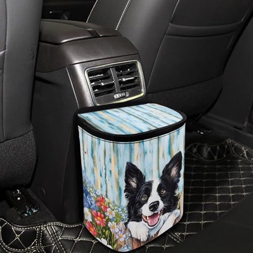 Image of Talayituse Border Collie Daisy Wood Print Car Trash Can with Adjustable Straps, Zip Closure Car Trash Bag Bin Auto Garbage Bag Multipurpose Storage Box for Vehicle Travel Camping Picnicing