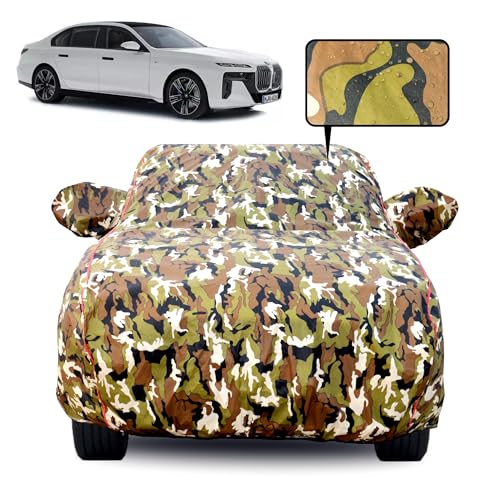 Image of 100% Waterproof Car Body Cover for BMW i7 with Mirror Pocket, Soft Cotton Lining, Triple Stitched, Full Bottom Elastic (Heat Resistant Jungle Print with Red Piping)