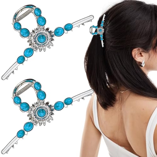 2 PACK Extra Turquoise Blue Stone Sun Hair Claw Clip, Metal Retro Style Hairpin Western Hair Clip, Nonslip Hair Accessories for Thick Hair miniatura 1