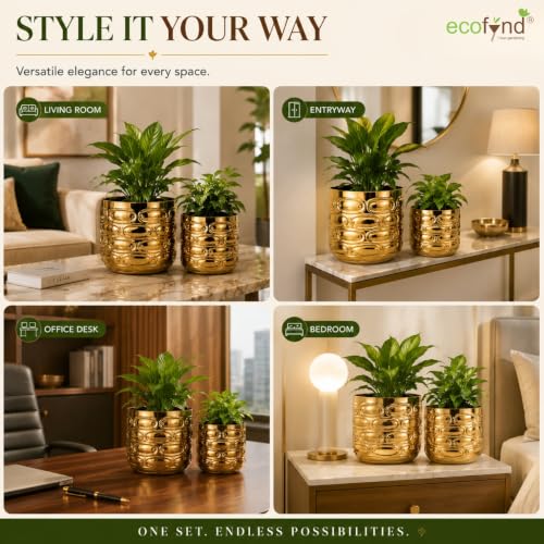 Image of ecofynd 2 Pack Metal Plant Pots (5 inch, 6 inch), Indoor Small Planter Flower Pots, Home Garden Decor Planter for Living Room Bedroom Interior (Gold Finish, POT056)