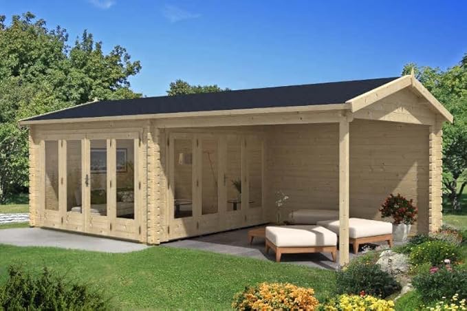 Alpholz Gartenhaus Freiburg-44 aus Massiv Holz, Freizeithaus, Blockhaus 44 mm Wandstärke, Garten Holzhaus mit Fußboden, Terrasse, Überdachung,…