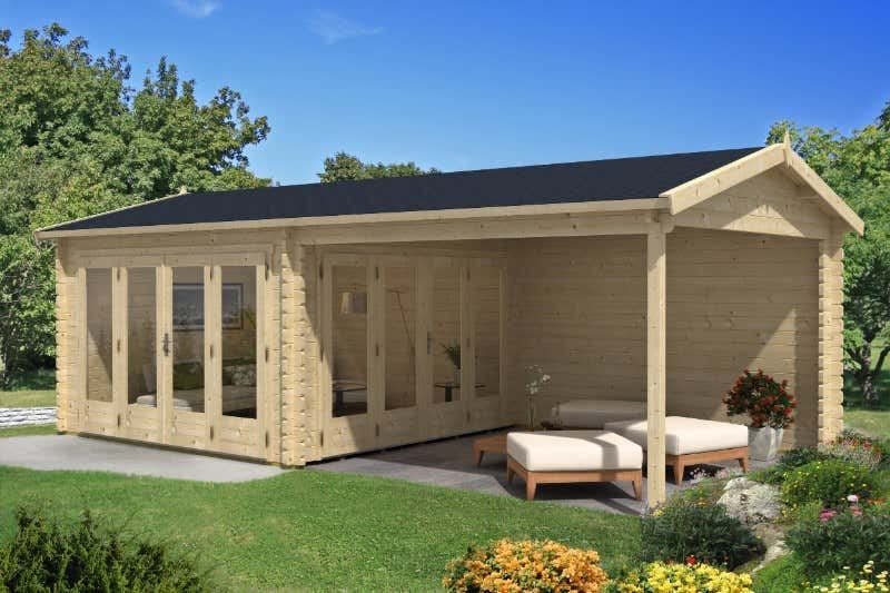 Alpholz Gartenhaus Freiburg-44 aus naturbelassenem Holz 755 x 399 cm mit 44 mm Wandstärke, Terrasse und Zwei Falttüren