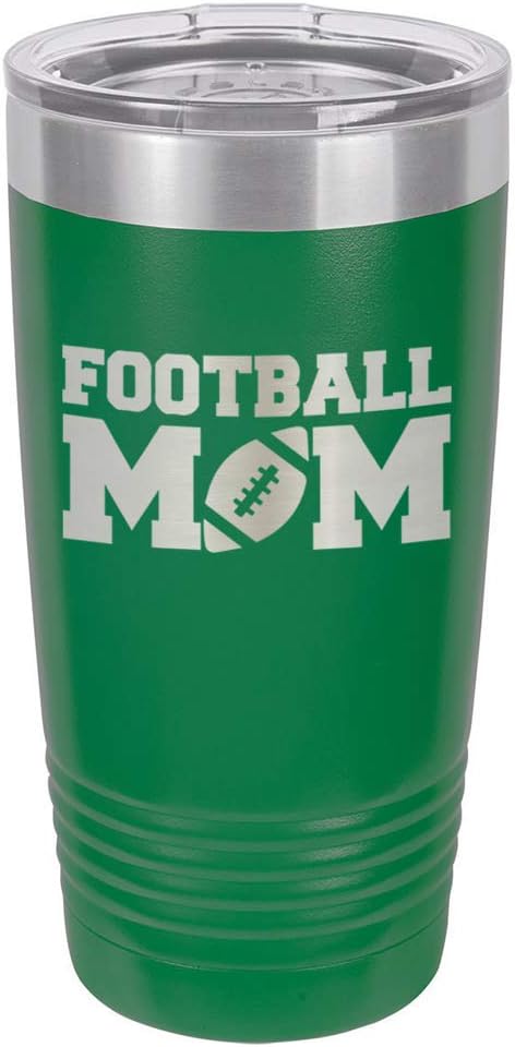 FOOTBALL MOM Green 20 oz Drink Tumbler With Straw | Engraved Stainless Steel Travel Mug | Funny Quote Gift Idea | OnlyGifts.com
