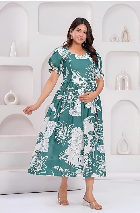 Image of Women's Pure Cotton All Over Printed Maternity Feeding Kurti | Floral Print Maternity Gown Green