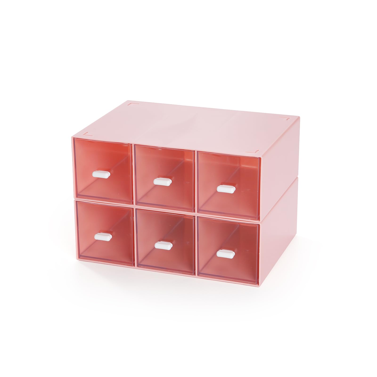 Desktop Drawers, Desk Organizer with 6 Drawers, Stackable Plastic Storage Box for Home Collection, Cosmetics, Office Supplies (2 Tall Layers, Pink)