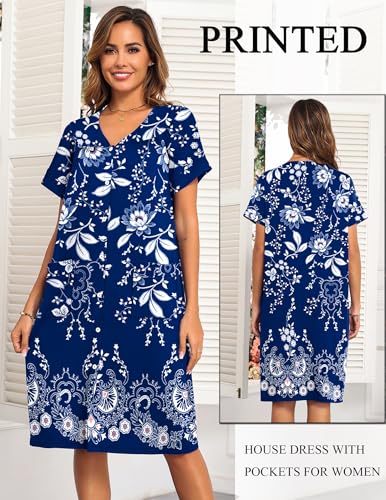 Image of Ekouaer House Dresses for Women with Pockets Button Down Nightgowns Plus Size Moo Moos Mumu Dresses Floral Print S-3XL