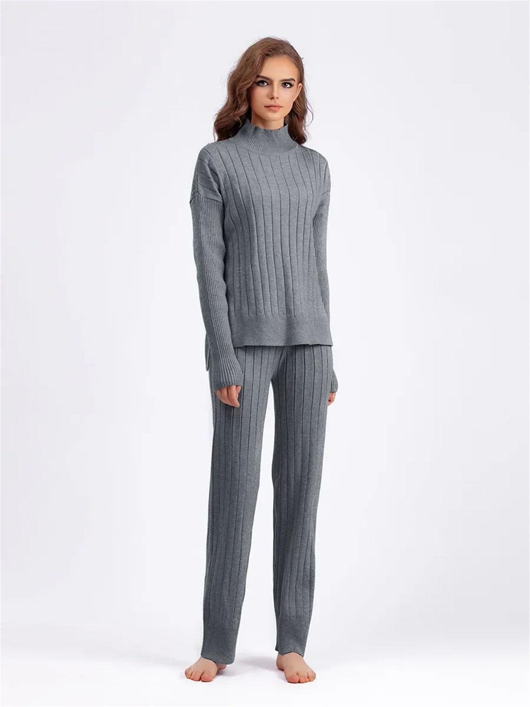 Donne Mezzo Dolcevita Manica Lunga Maglione Pullover Conjuntos Maglia Spessa Set 2 Pezzi Pantaloni Della Tuta A Vita Alta Abiti, Beige, L