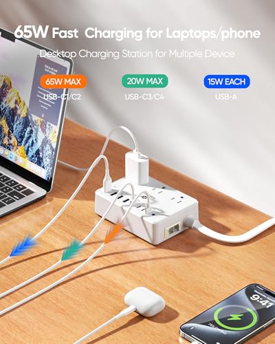 Image of Small Surge Protector Power Strip, Kakyanill 5 ft Flat Extension Cord with 4 Outlets 3 USB Ports (2 USB C), 900 Joules Protection, Suitable for Home Office Dorm Room, White