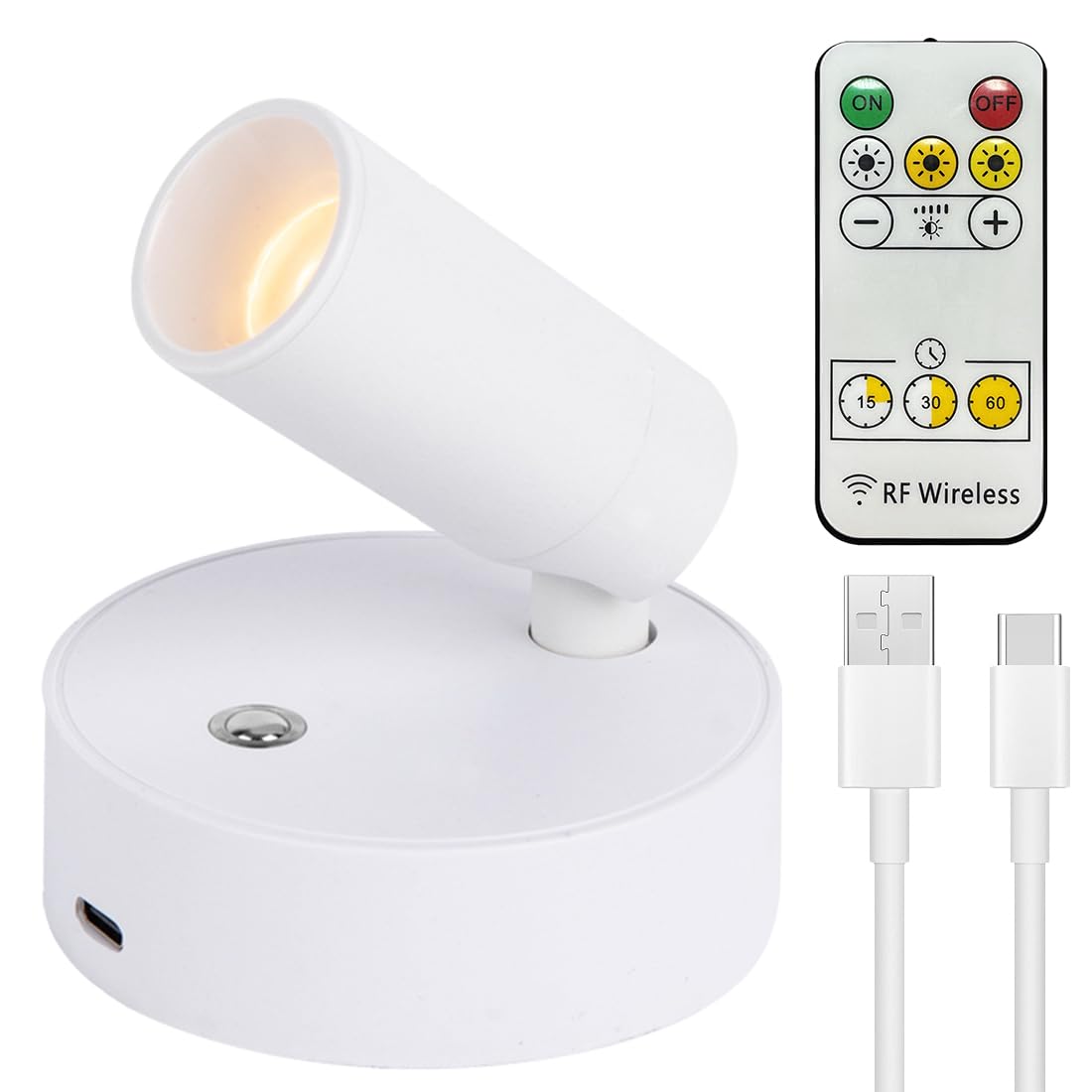 Foco LED inalámbrico, recargable por USB, batería con mando a distancia, 3 temperaturas de color, luces de imagen regulable, lámpara de pared giratoria con función de temporización, para arte, plantas