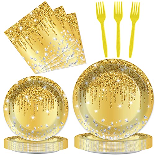 Image of 96 PCS Golden Birthday Party Decorations Tableware Set for Golden Themed Happy Birthday Supplies Diamond Gold Plates Napkins Forks for 24 Guests Men Women Anniversary Engagement Wedding Party Favors