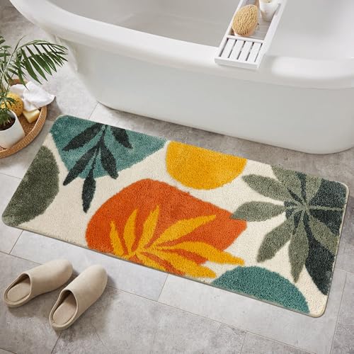Image of Uphome Bathroom Runner Rug Colorful Abstract Leaves Long Bath Mat Non Slip Water Absorbent Boho Bath Rug Soft Microfiber Machine Washable Floor Mats for Tub Bathroom Indoor Doormat,18 inchx47 inch