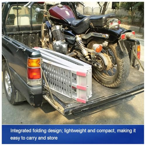 Rampa de carga para motocicleta de aluminio resistente, superficie antideslizante perforada, con patas ajustables en altura, para camión y cortacésped, 221x28x5 cm miniatura 5