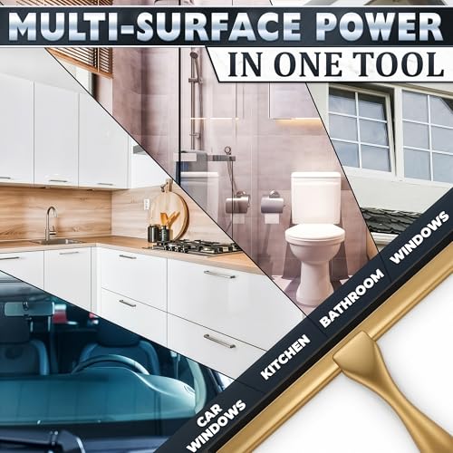 Image of Shower Door Squeegee with Hook - 10 inch Silicone Blade, Stainless Steel Gold Squeegee for Shower Glass with Adhesive Mount - All-Purpose Bathroom Tile, Mirror, & Window Wiper for Streak-Free Cleaning