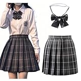 [Limspace] 制服スカート プリーツスカート 2点セット ミニスカート チェック柄 同柄リボン 可愛い 女子高校生 コスプレ スクール ハロウィン 高校生 スクール イベント 文化祭 学園祭 スカートセット 遊園地 卒業式 JK制服 高生 普段着 チェック 学生服 ミニ ハイウエスト ショート (グレー, M)