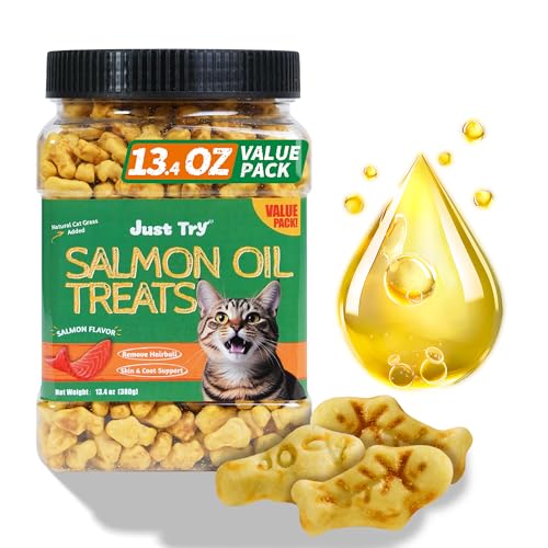 Just Try 13.4 OZ Cat Grass Treats Salmon Oil Natural Salmon Kitten Healthy Cat Treats Training Biscuits Snacks Fish Oil Omega 3 Supplements for Cats Joint Support & Skin Coat Health