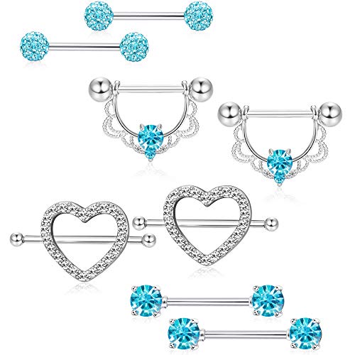 Orazio 4 Pairs 14G Stainless Steel Nipplerings Nipple Tongue Rings Cz Opal Barbell Body Piercing Jewelry Blue #TOP1