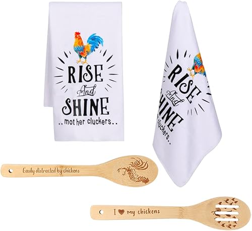 Miniatura 6 de 4 piezas de decoración de cocina de gallo, toallas de cocina de gallo + cucharas de cocina de madera de gallo, decoración de cocina de granja,