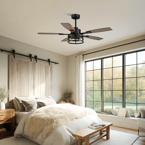 Image of 52-Inch Retro Black Downrod Curved Tube Ring-Style Iron Cage Ceiling Fan with Light Industrial Energy-Saving Quiet Strong Airflow for Living Room Bedroom