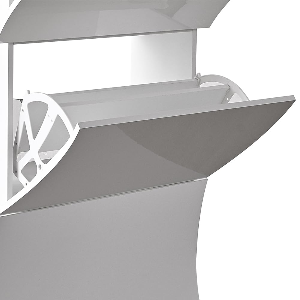 Shally Dogan Scarpiera Ondulata in Legno con Finitura Lucida Bianco, Porta Scarpe Salvaspazio con Ante a Ribalta Doppia Profondità, Portascarpe Slim per Ingresso, Cameretta, Soggiorno (3 Ante)