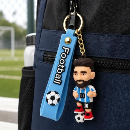 Image of Wanna Party Football Jersey Player Key Chain with Soccer Ball Charm, Blue Striped Sports Keyring for Bags, Backpacks, Keys, Birthday Return Gifts, Party Favors & Loot Bag Fillers - 1 Pc