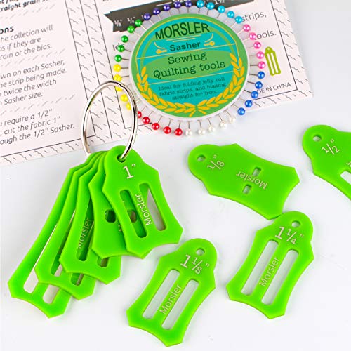 Jelly Roll Sasher Tool Set, 10 Pcs Multi-Sizes Sasher for Folding Fabric and Biasing Strips, Come with 40 pcs of Multi-color Quilting Pins and Storage Chain, 1/8", 1/4", 1/2", 3/4", 1", 1-1/8", 1-1/4"