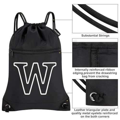 Image of HOLYLUCK Drawstring Bags Initial Backpack Sackpack Cinch Bags for Sports, Gym, Travel, Beach (Black-W)