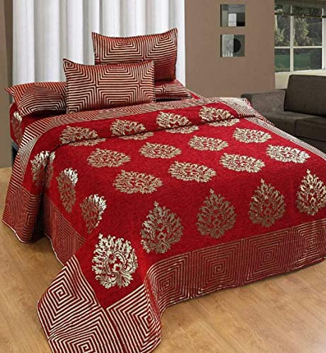 Image of Fresh from Loom Chenille 500 TC Double Bedsheet, Dimas Print Design with 2 Pillow Covers, Bedsheet Set for Bedroom Styling, Soft Touch Breathable Bedding, 90x100 Inches | Jhumka Maroon | Chenille