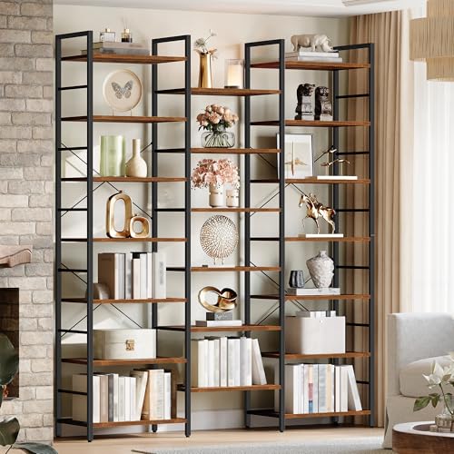 Hzuaneri Scaffale a 7 Ripiani, Libreria a Stelo con 20 Ripiani, Distanza Regolabile, 24 x 152 x 219 cm, Struttura in Metallo, per Soggiorno, Camera da Letto, Ufficio, Marrone Vintage e Nero BC17101B