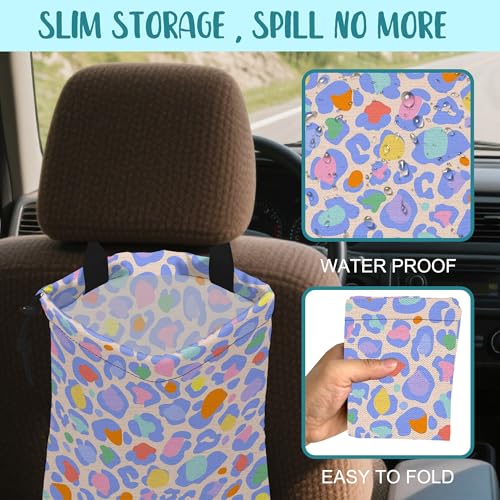 Image of Car Garbage Bag Rainbow Colorful Leopard Drawstring Car Trash Bag Hanging for Back Seat with Adjustable Buckle Canvas Vehicle Trash Can Easy-to-Install