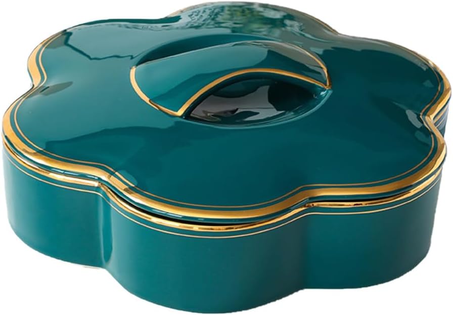 Ceramics Divided Serving Dish Platter with Lid, Flower Shape Appetizer Tray with 4 Compartment, Snacks Bowls for Chips and Dip, Veggies, Candy and Nut Green