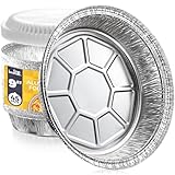 [45 Pack] Round 9 Inch Disposable Aluminum Foil Pan Take Out Food Containers with Clear Plastic Dome Lids, Steam Table Baking Pans, 46 oz, 2.9 lb, 1.5 Quart
