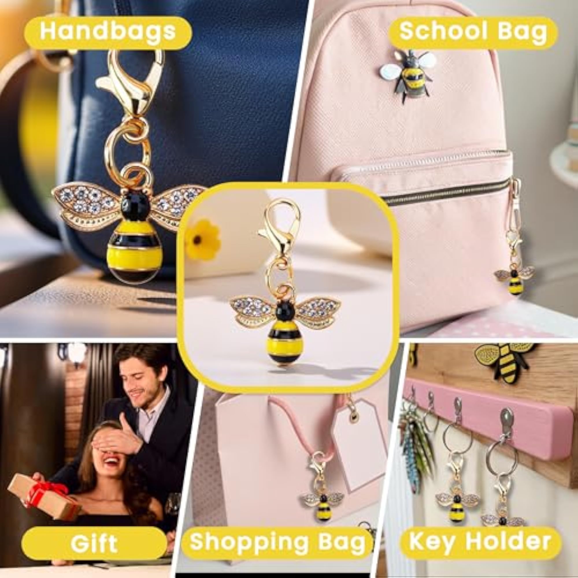 3pcs Bee Bag Charms with Lobster Clasp, Keyring Pendant