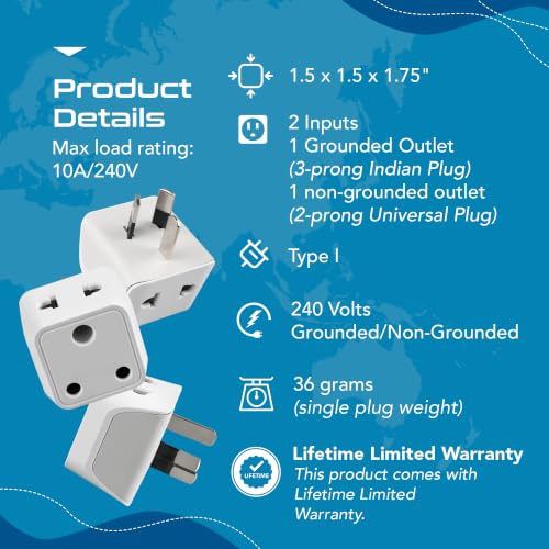Image of Ceptics India to Australia Adapter Plug, China, New Zealand & More - Type I - CE Certified - RoHS Compliant - White - CE - RoHS - 3 Pack - Lifetime Limited Warranty