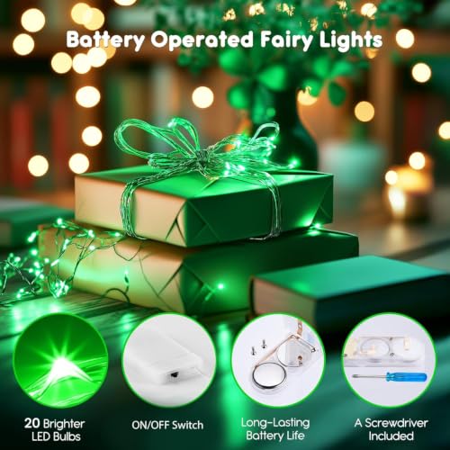 Image of Brightown 12 Pack St. Patrick's Day LED Fairy Lights Battery Operated String Lights Waterproof Silver Wire 7 ft 20 LED Firefly Starry Moon Lights for DIY Wedding Party Bedroom Patio