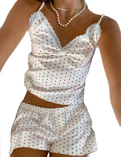 BHMAWSRT Women's Girls 2PCs Pajamas Sets Y2k Lace Trendy Sleeveless Heart Print Cami Tops and Shorts...